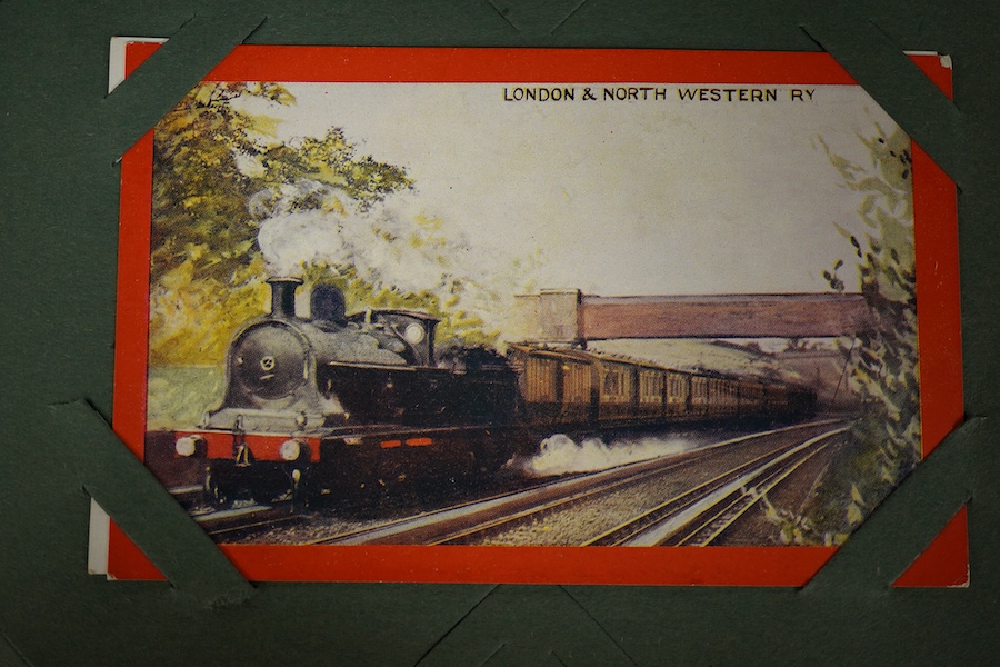 A postcard album containing approximately 160 early to mid 20th century railway related postcards, contained within an Edwardian postcard album, most are unused and unposted, most featuring locomotives and rolling stock,
